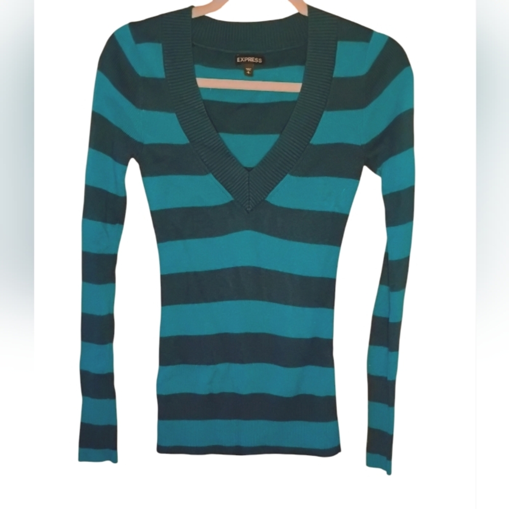 Express V-Neck Knit Sweater Teal Forest Green Striped Long Sleeve Womens Size SP